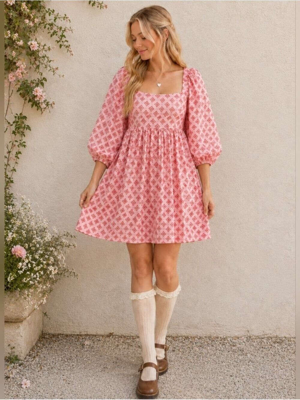 ANNA GRACE PINK SWISS CLIP BALLOON SLEEVE FAIRYCORE BABY DOLL DRESS SMALL